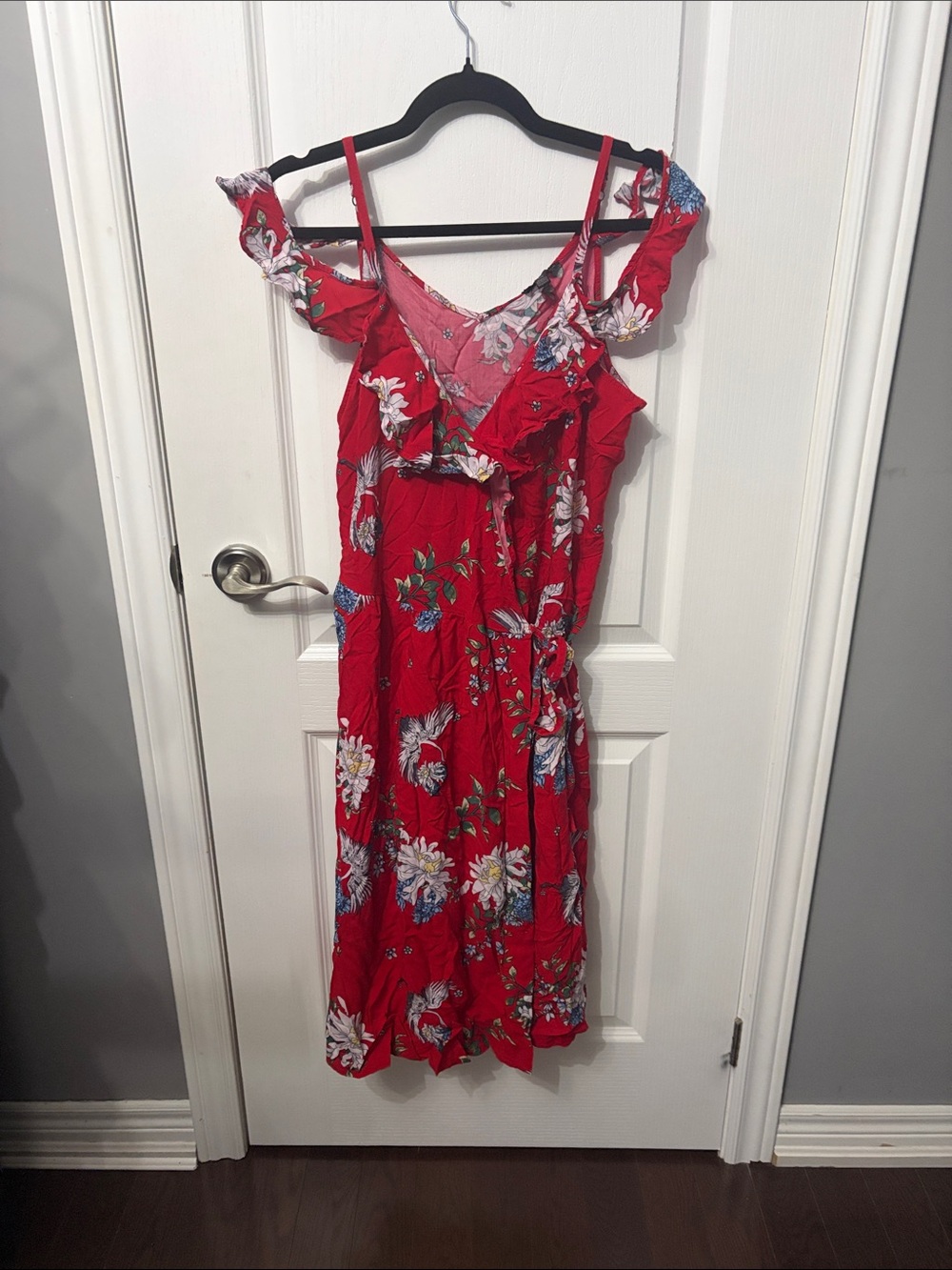 Floral Ruffle Red Midi Dress with V-Neck